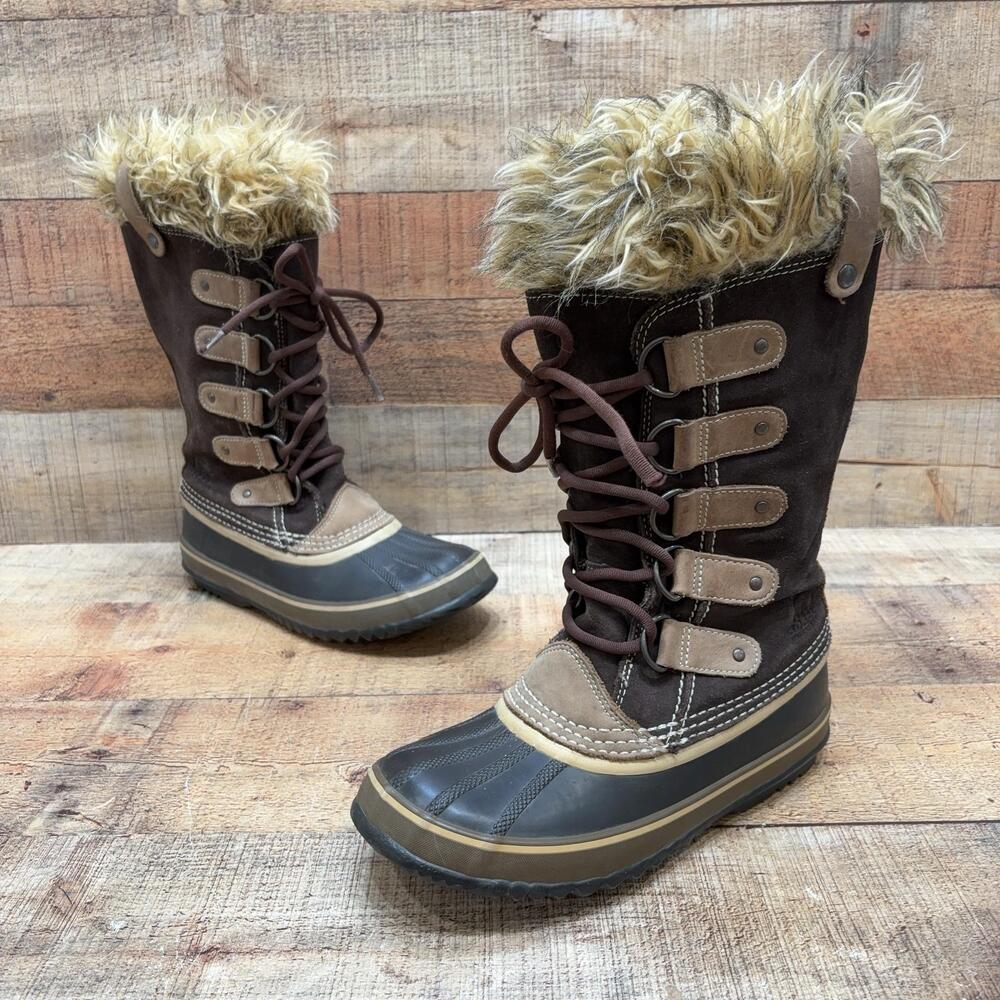 Sorel Joan Of Arctic Boots Womens Size 7 38 Brown Suede Faux Fur Snow Waterproof
